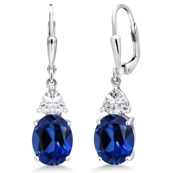 925 Sterling Silver with 6.60 Cttw Blue Sapphire and Moissanite Drop Earrings - Picture 1 of 4
